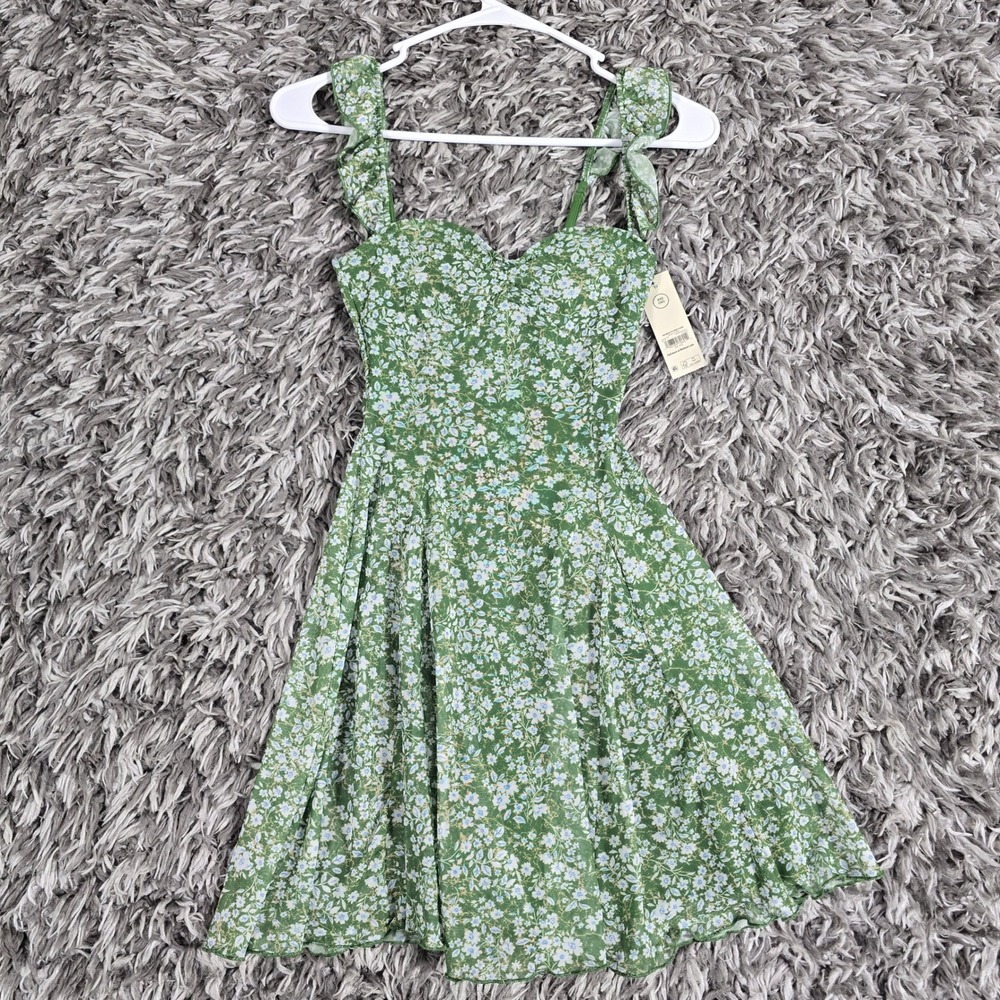 No Boundaries Green Floral Mesh Fit and Flare Dress XXS 00 Ruffle Straps